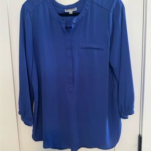 JM Collection Blue 3/4 Sleeve Blouse with Mandarin Collar